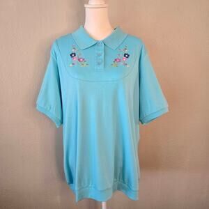 Vintage Blair 90s Floral Embroidered Granny Core Polo Shirt Blue 2XL Pastel